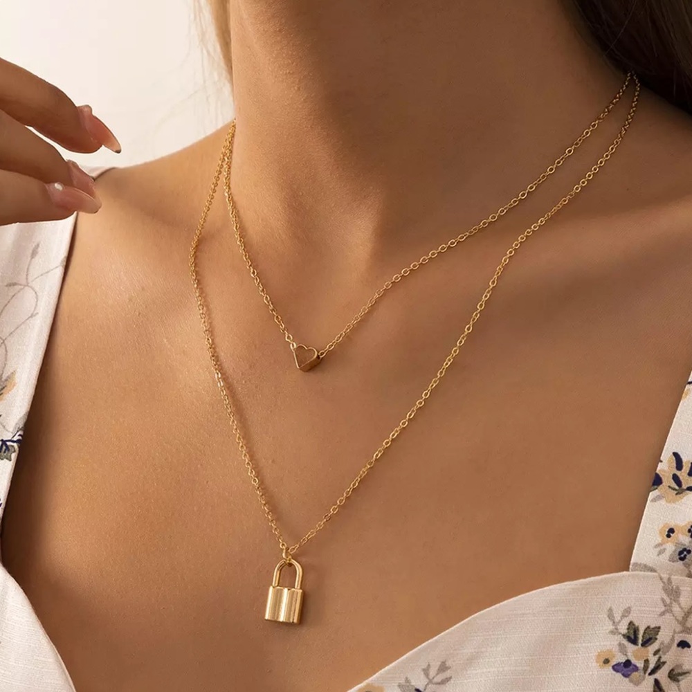 NEW 18K GOLD MULTI LAYERED HEART LOCK PENDANT NECKLACE
